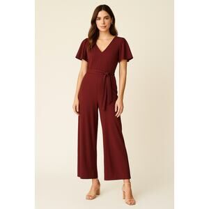 Worthington Belted V-Neck Jumpsuit 8 Wine Maroon Garnet Burgundy Event Holiday